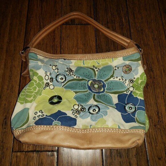 Fossil Floral Leather Blue Metal Womens Handbag Purse Pre-Owned - Picture 13 of 13